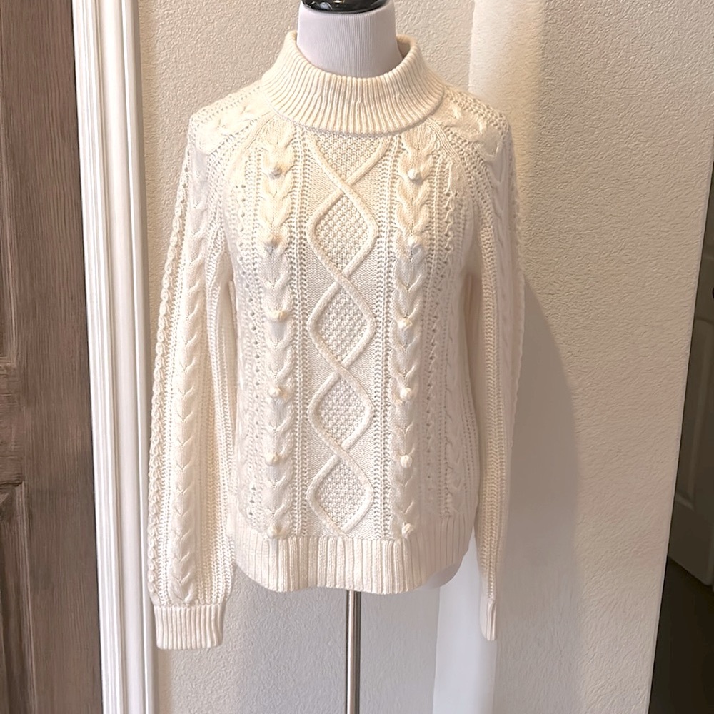 J Crew Cable Knit Fishermans Sweater Bobble Small Lambs Wool Azra Blend Oversize